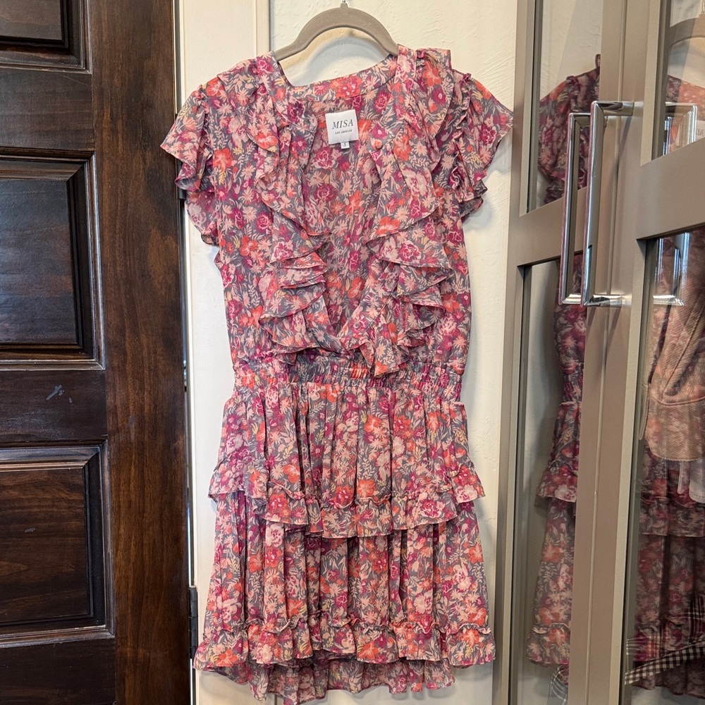 Misa Los Angeles Floral Ruffle Midi Dress - Pink and Purple